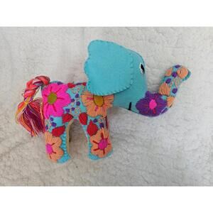 Handmade Wool Elephant Plush Toy Embroidered Floral Multicolor Mexico 10" Color